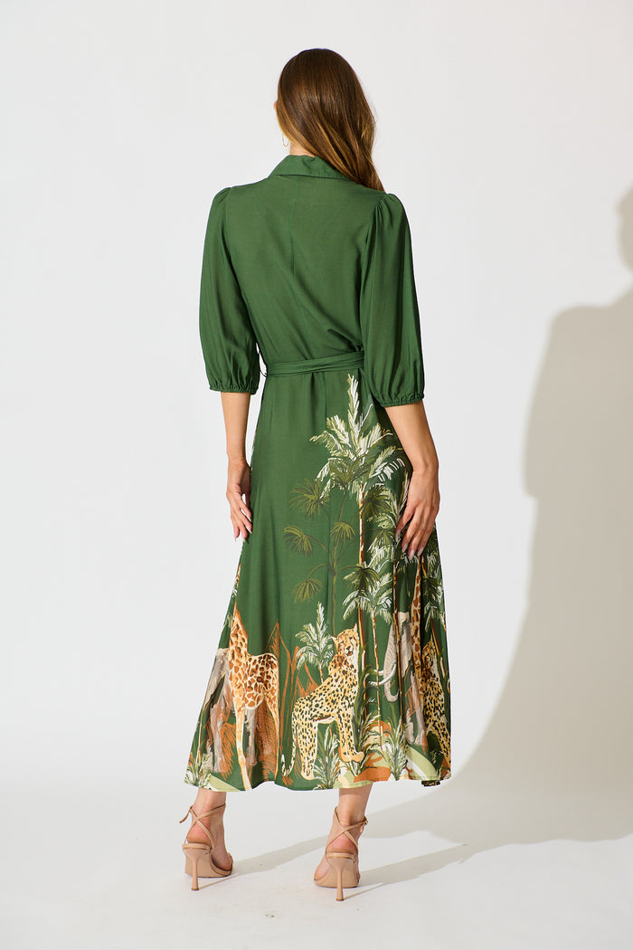 Coco Maxi Shirt Dress in Green Print back