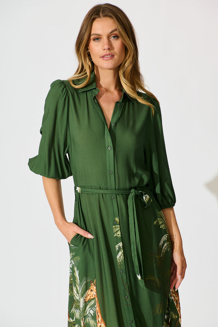 Coco Maxi Shirt Dress in Green Print front