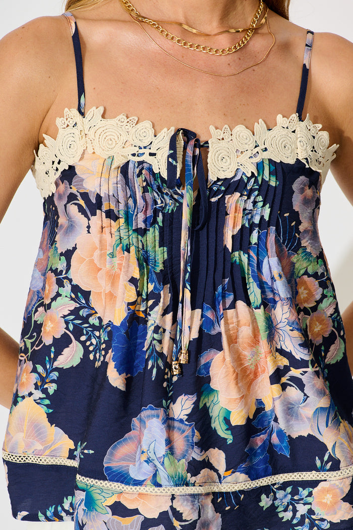 Susie Cami Top In Navy with Multi Floral detail