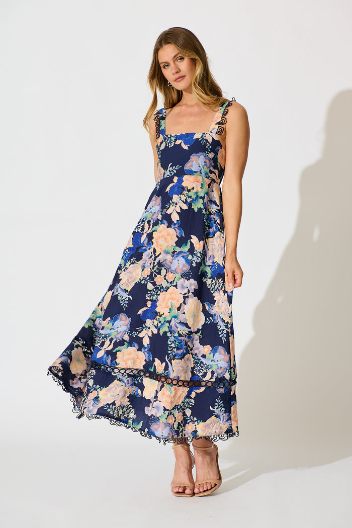 Nela Maxi Sundress In Navy with Multi Floral full length