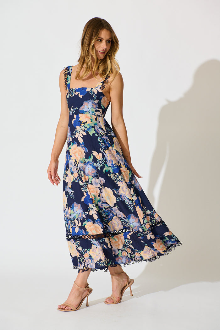 Nela Maxi Sundress In Navy with Multi Floral side