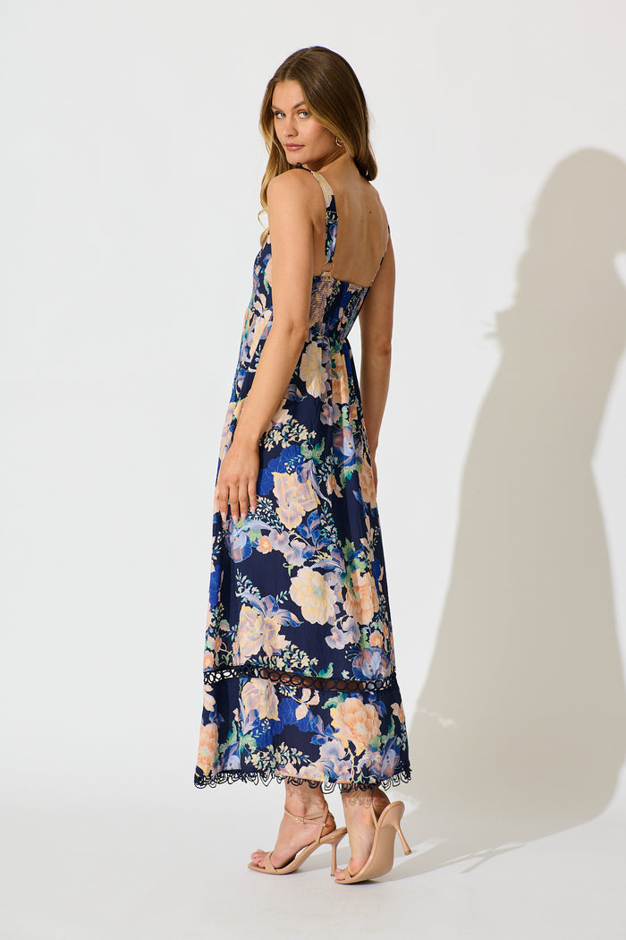 Nela Maxi Sundress In Navy with Multi Floral back