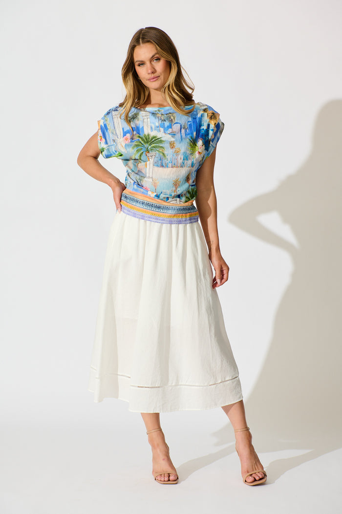 Lunaria Off Shoulder Top in Blue Multi Print full length