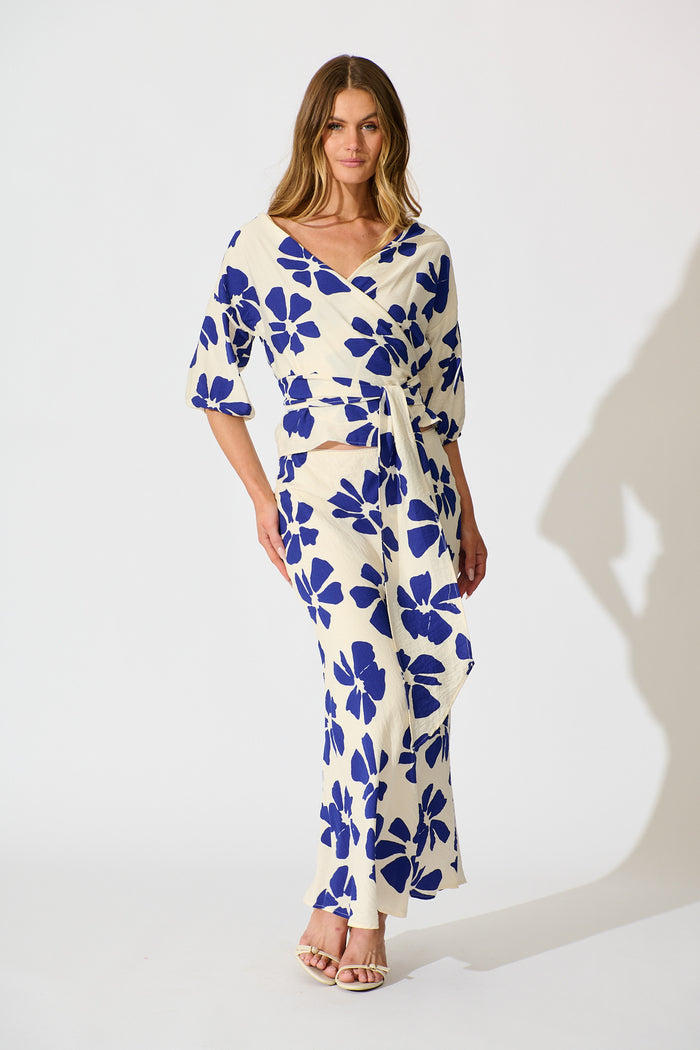 Lanah Maxi Skirt in White with Blue Flower Print full length set