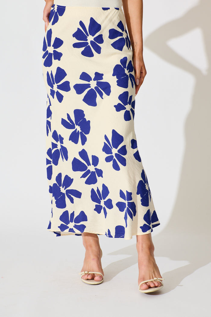 Lanah Maxi Skirt in White with Blue Flower Print front