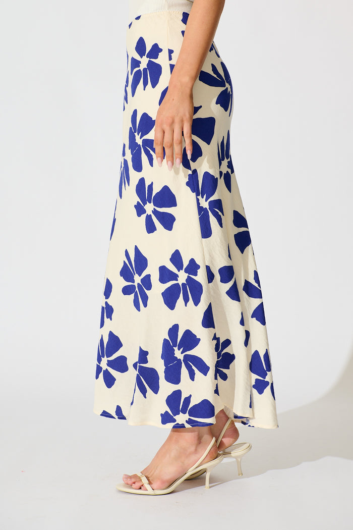 Lanah Maxi Skirt in White with Blue Flower Print side