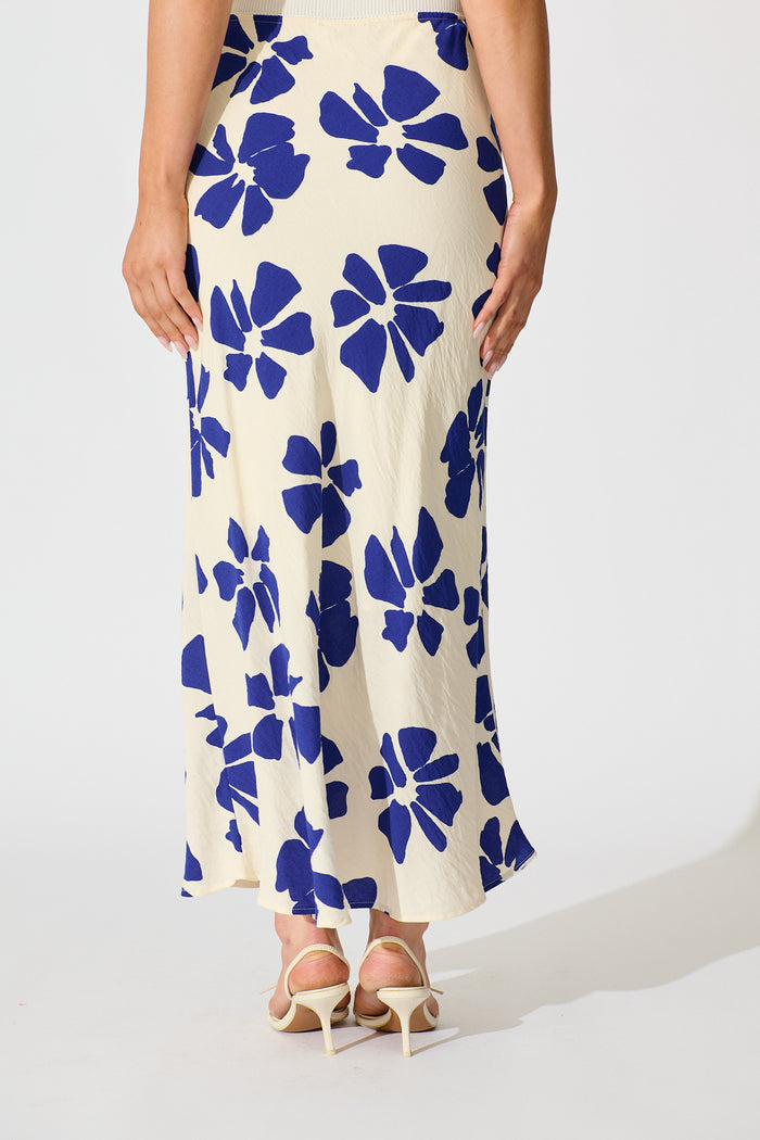 Lanah Maxi Skirt in White with Blue Flower Print back