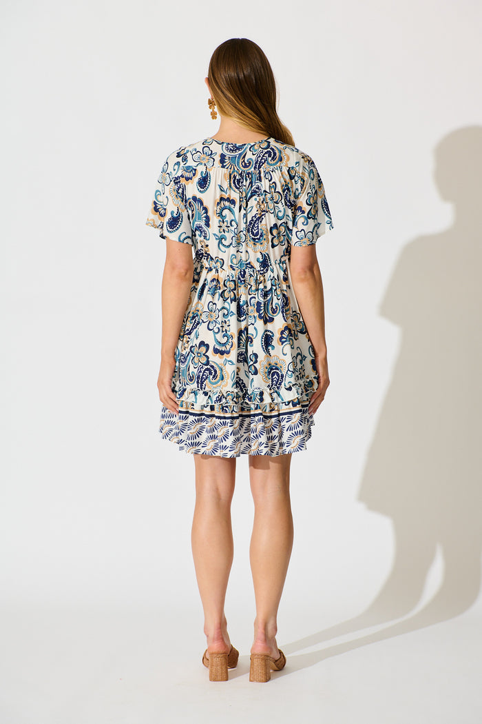 Zanayah Dress in White with Blue Boho Print back