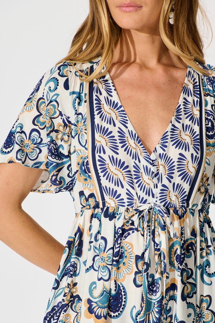Zanayah Dress in White with Blue Boho Print detail