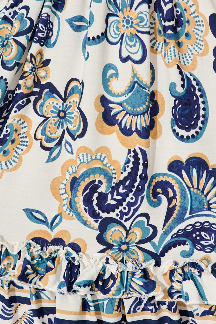 Zanayah Dress in White with Blue Boho Print fabric
