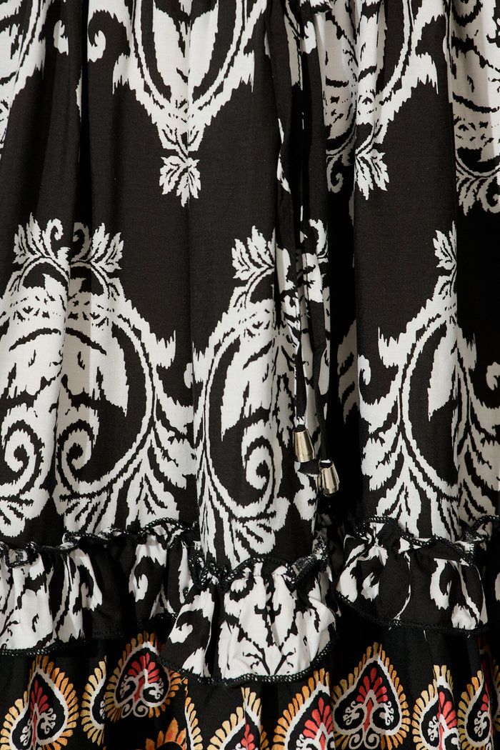 Zanayah Dress in Black with White Boho Print fabric
