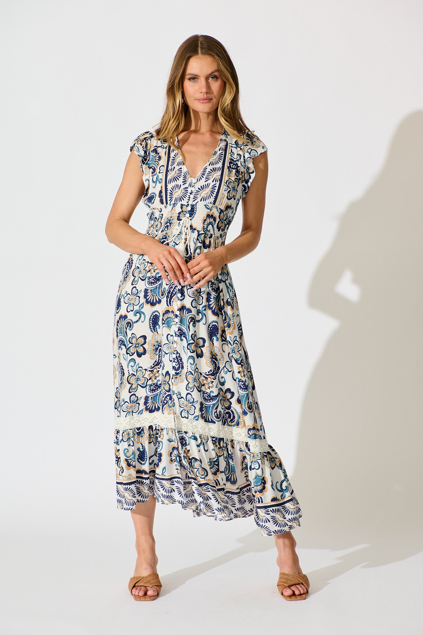 Ilysssa Maxi Dress in White with Blue Boho Print full length