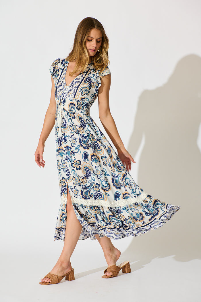 Ilysssa Maxi Dress in White with Blue Boho Print side