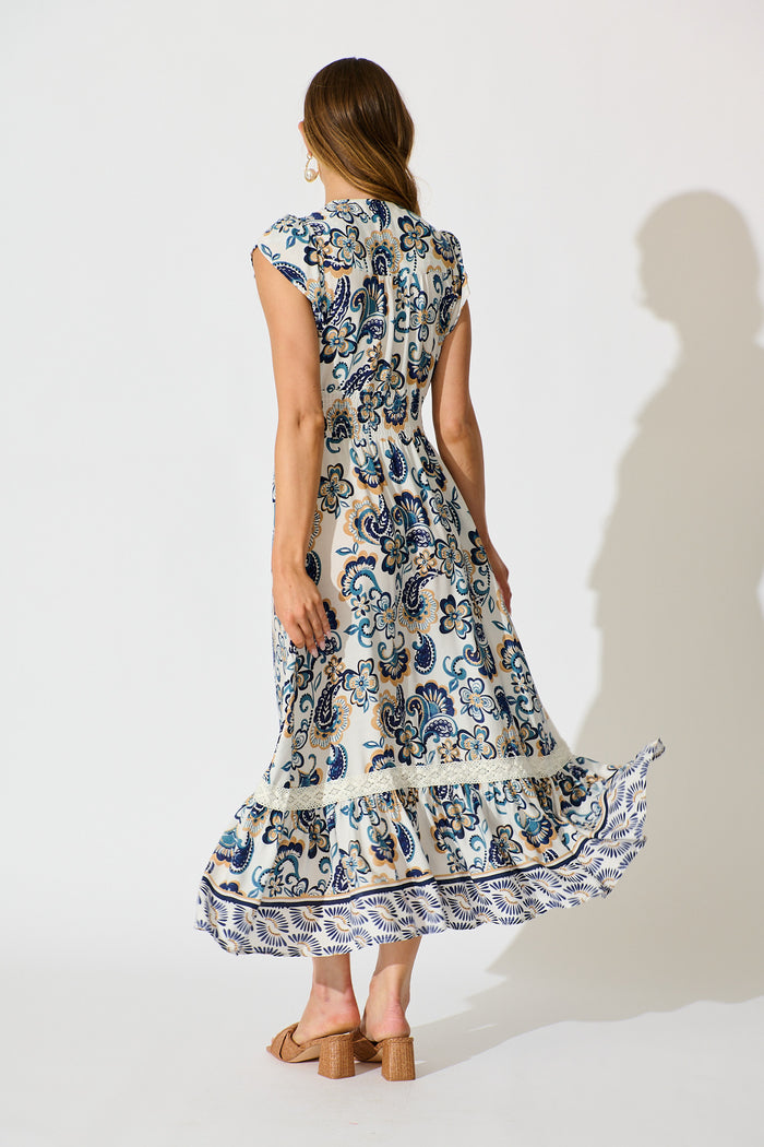 Ilysssa Maxi Dress in White with Blue Boho Print back