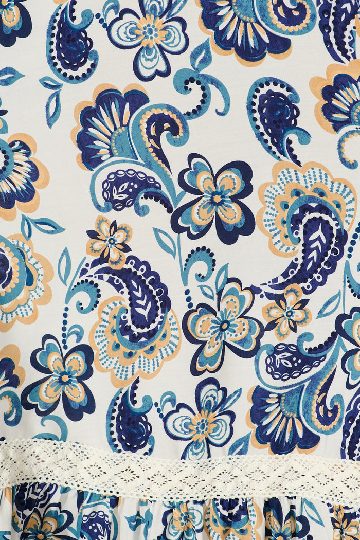 Ilysssa Maxi Dress in White with Blue Boho Print fabric