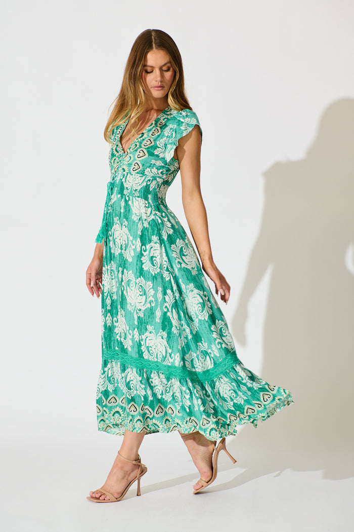 Ilysssa Maxi Dress in Green with White Boho Print side