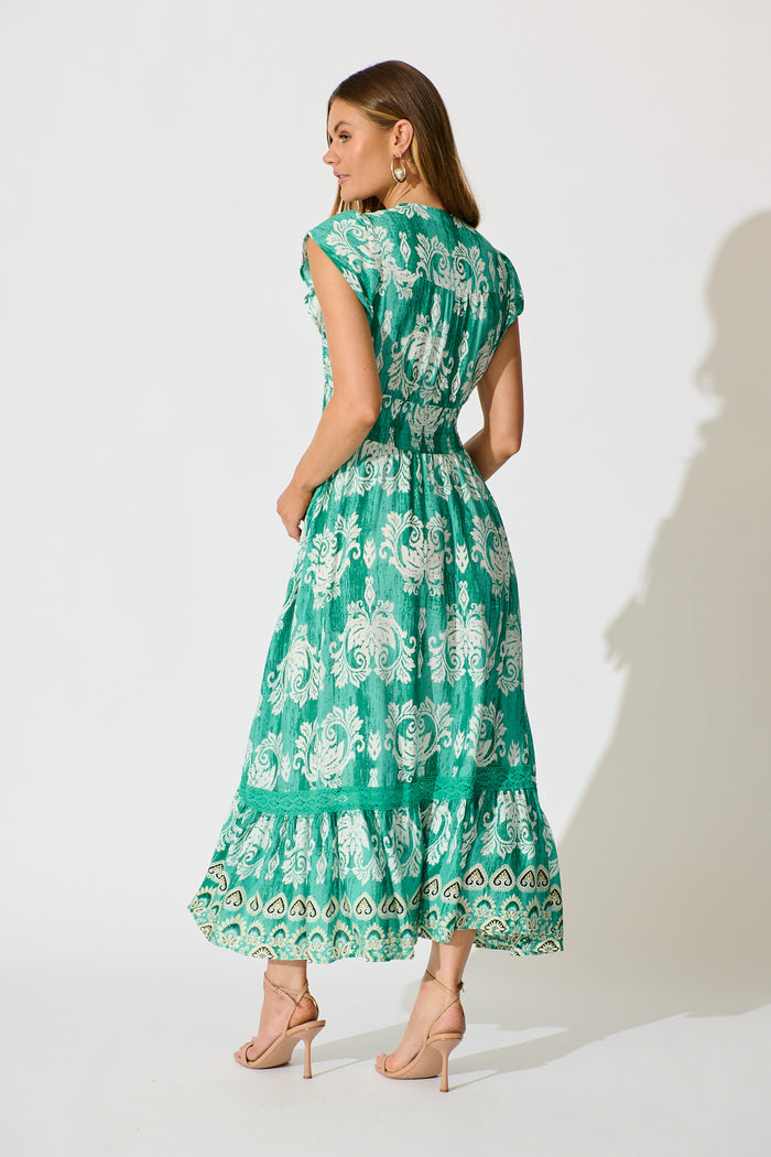 Ilysssa Maxi Dress in Green with White Boho Print back