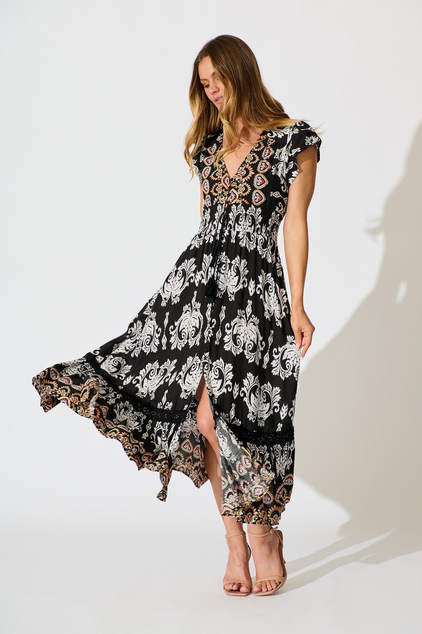 Ilysssa Maxi Dress in Black with White Boho Print full length