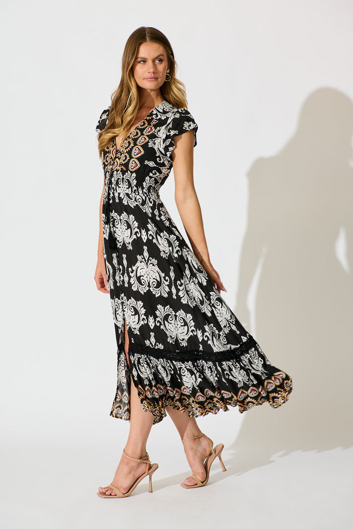 Ilysssa Maxi Dress in Black with White Boho Print side