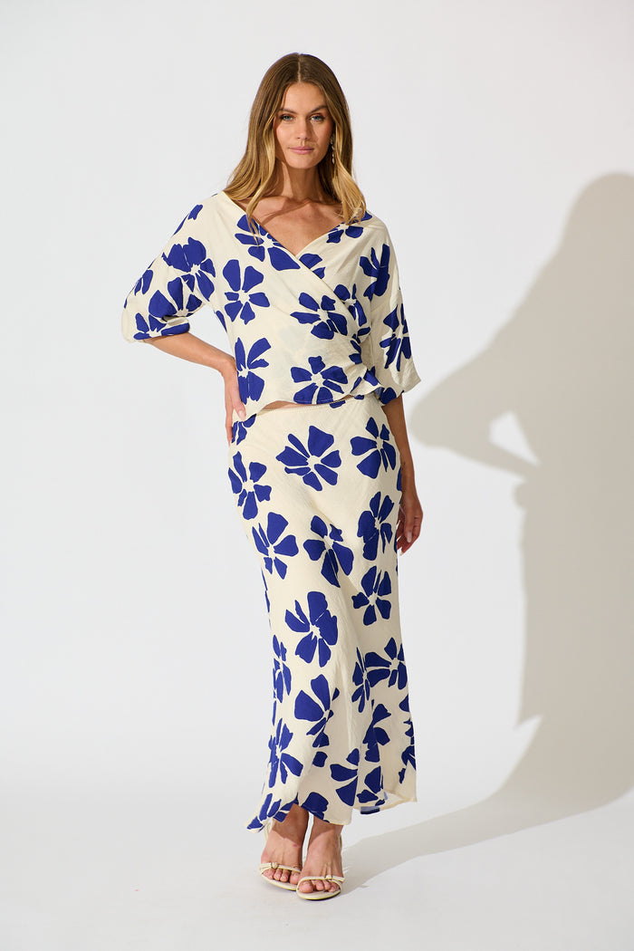Rhylee Wrap Top in White with Blue Flower Print full length set