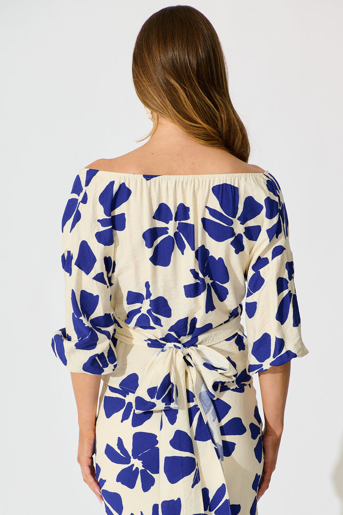 Rhylee Wrap Top in White with Blue Flower Print back