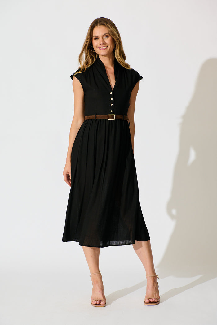 Ordella Midi Dress Black Linen Blend with Belt | St Frock Ordella Midi Dress Black Linen Blend with Belt | St Frock