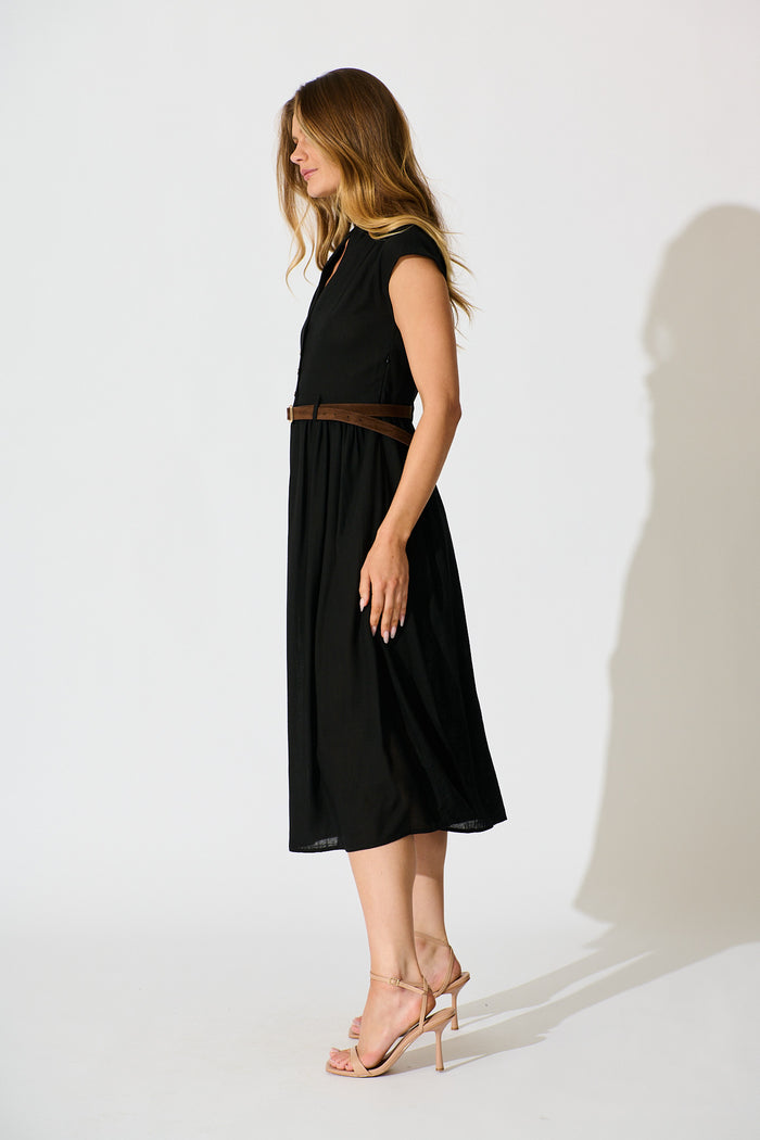 Ordella Midi Dress Black Linen Blend with Belt | St Frock Ordella Midi Dress Black Linen Blend with Belt | St Frock