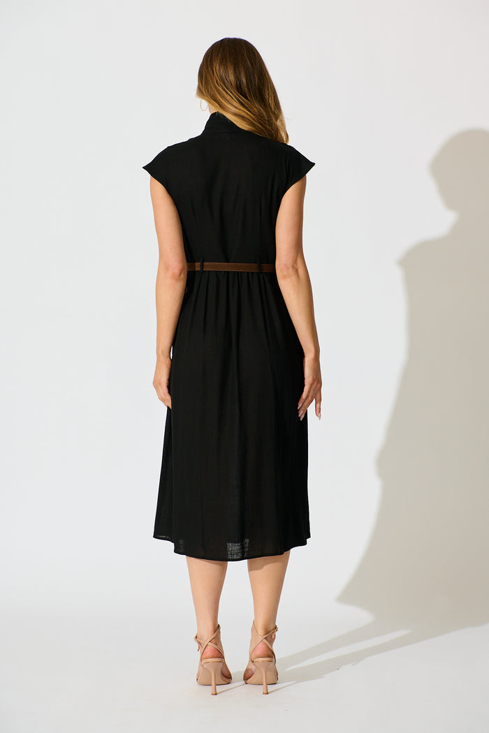 Ordella Midi Dress in Black Linen Blend with Belt back
