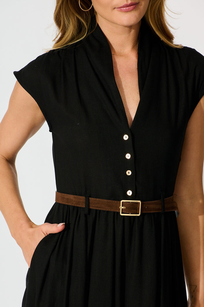 Ordella Midi Dress in Black Linen Blend with Belt detail