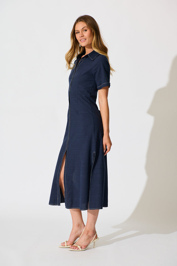 Christiana Maxi Shirt Dress In Navy Linen Blend side