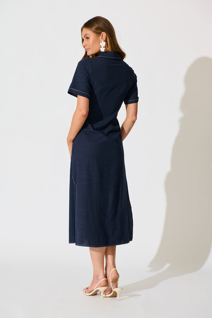 Christiana Maxi Shirt Dress In Navy Linen Blend back
