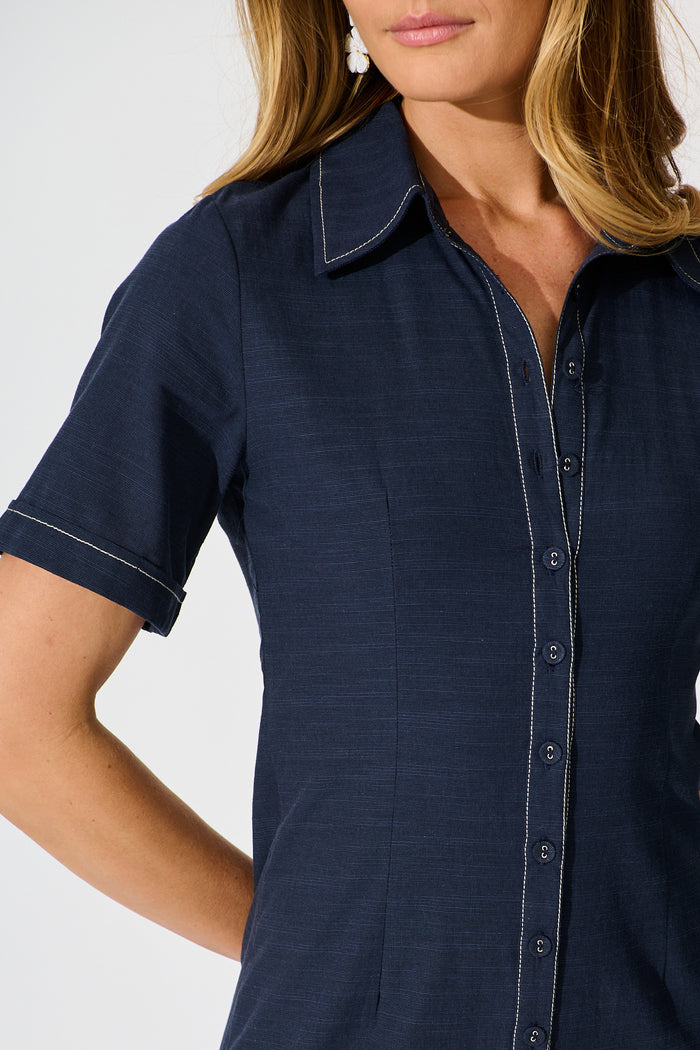 Christiana Maxi Shirt Dress In Navy Linen Blend detail