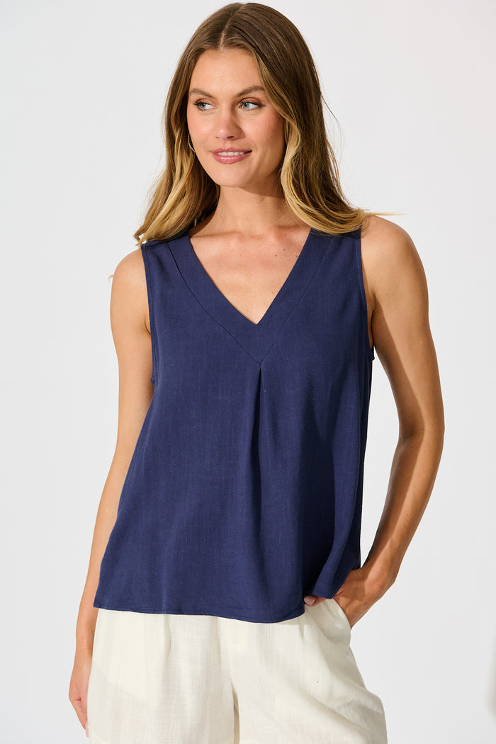 Chloanna Top in Navy Linen Blend front
