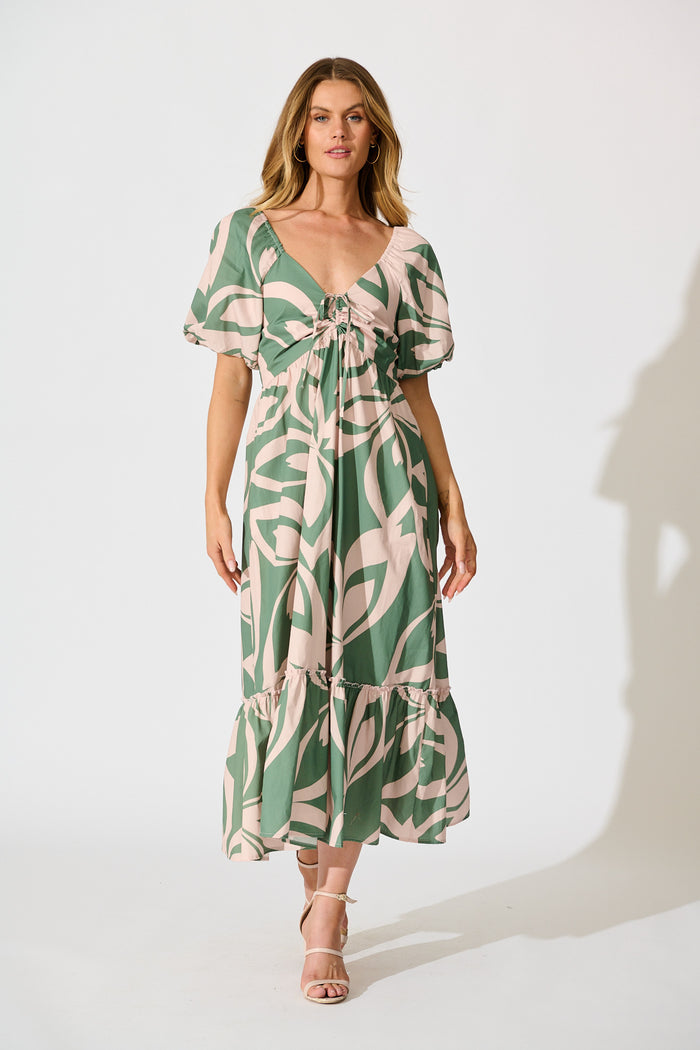Mirna Maxi Dress in Green with Pink Leaf Print Cotton full length