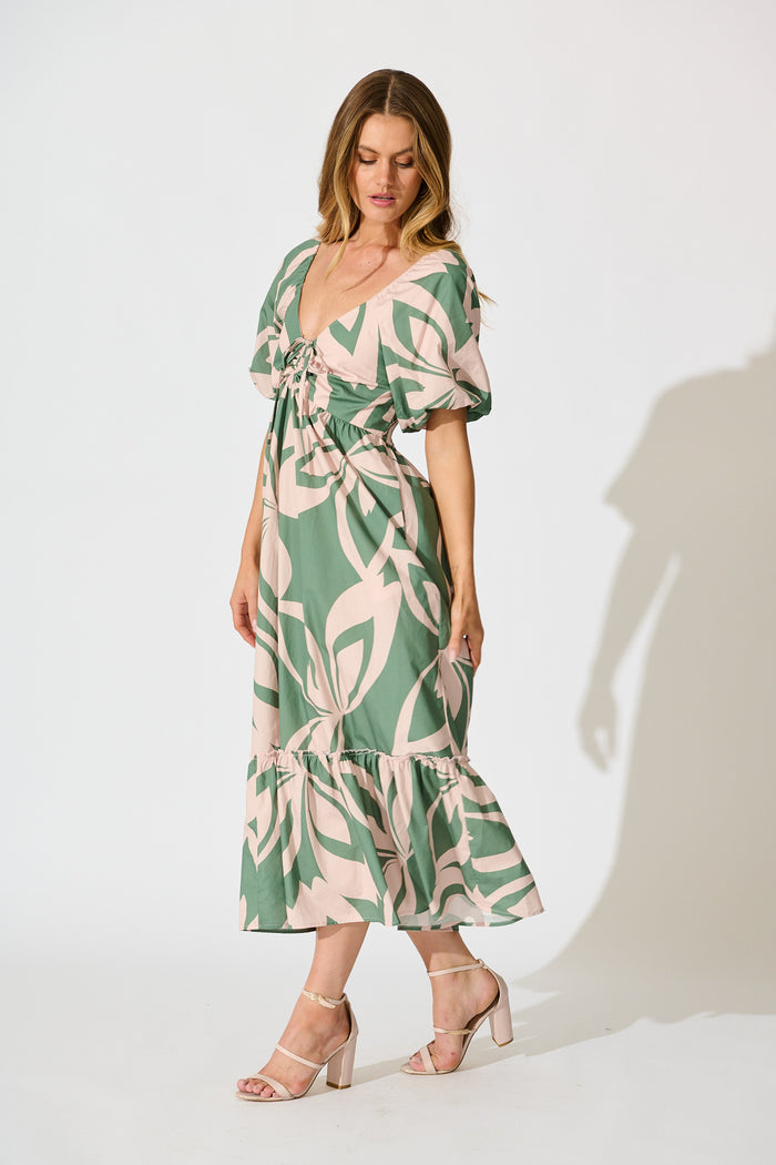 Mirna Maxi Dress in Green with Pink Leaf Print Cotton side