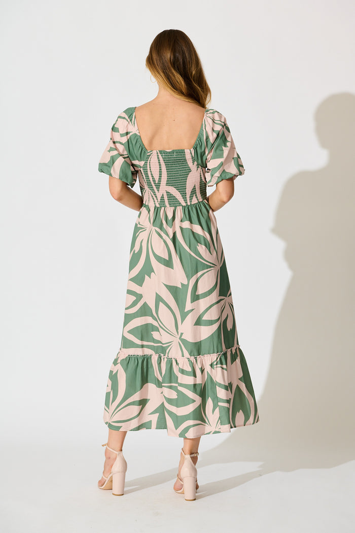 Mirna Maxi Dress in Green with Pink Leaf Print Cotton back