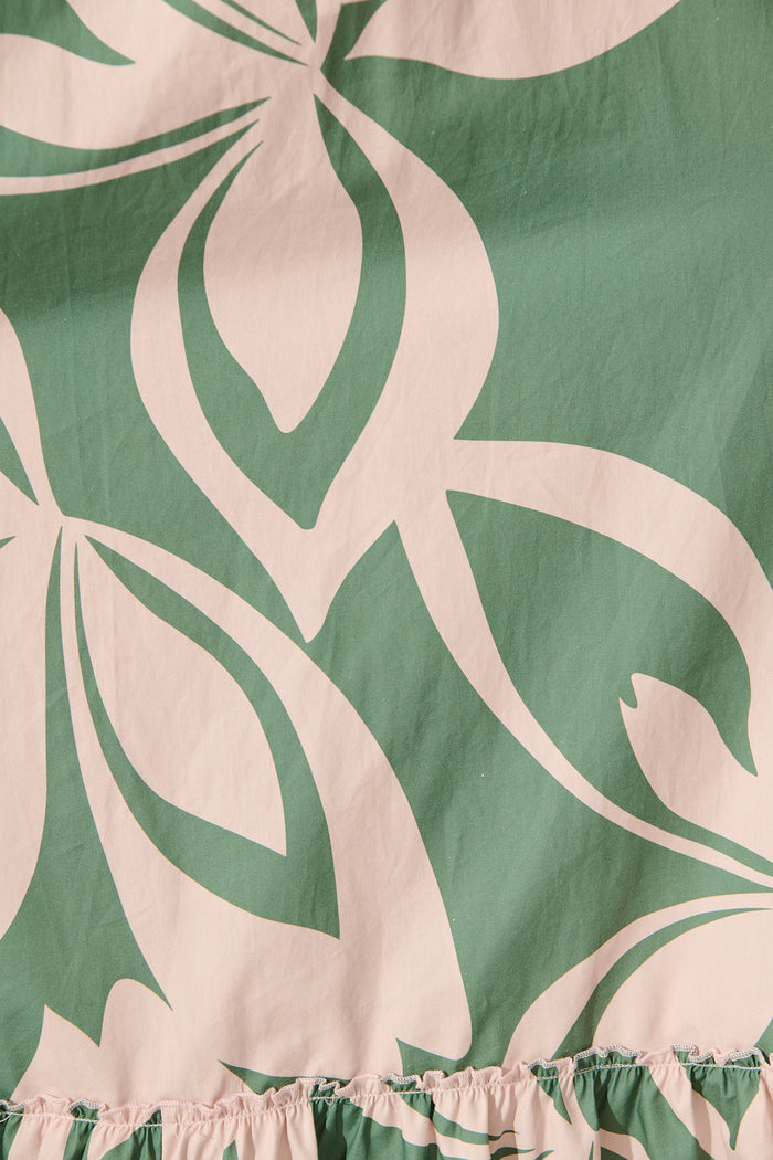 Mirna Maxi Dress in Green with Pink Leaf Print Cotton fabric