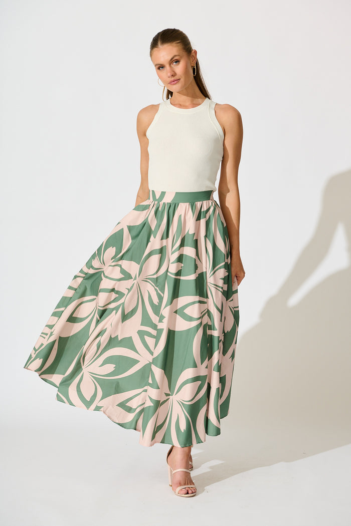 Jumana Maxi Skirt in Green with Pink Leaf Print Cotton full length