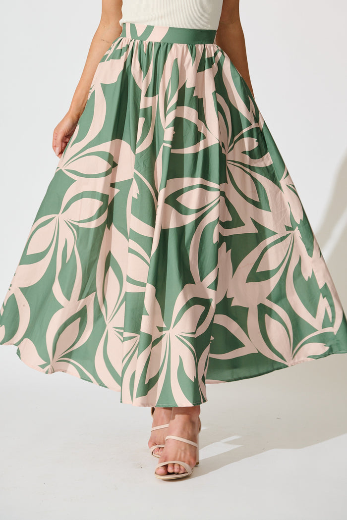 Jumana Maxi Skirt in Green with Pink Leaf Print Cotton front