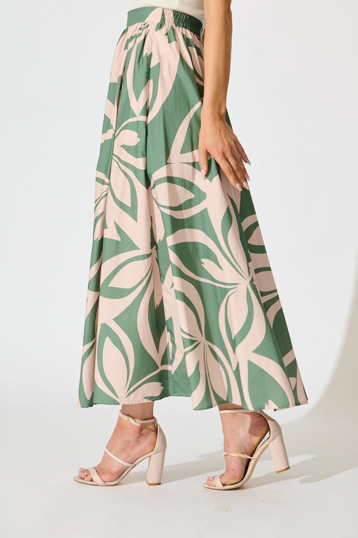 Jumana Maxi Skirt in Green with Pink Leaf Print Cotton side