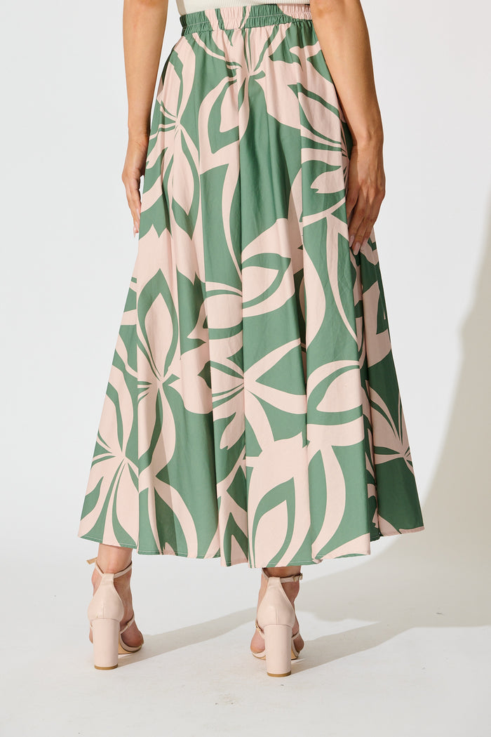 Jumana Maxi Skirt in Green with Pink Leaf Print Cotton back