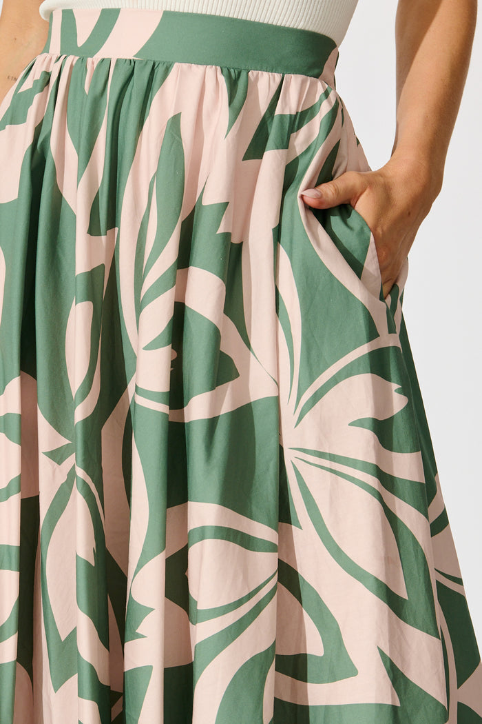 Jumana Maxi Skirt in Green with Pink Leaf Print Cotton detail