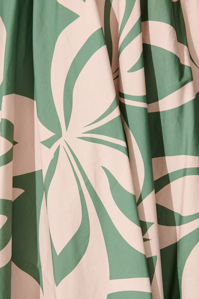 Jumana Maxi Skirt in Green with Pink Leaf Print Cotton fabric