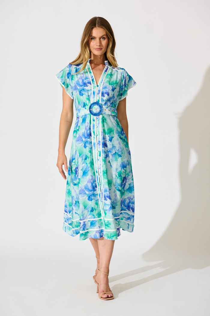 Jovanni Midi Dress in Blue Floral full length