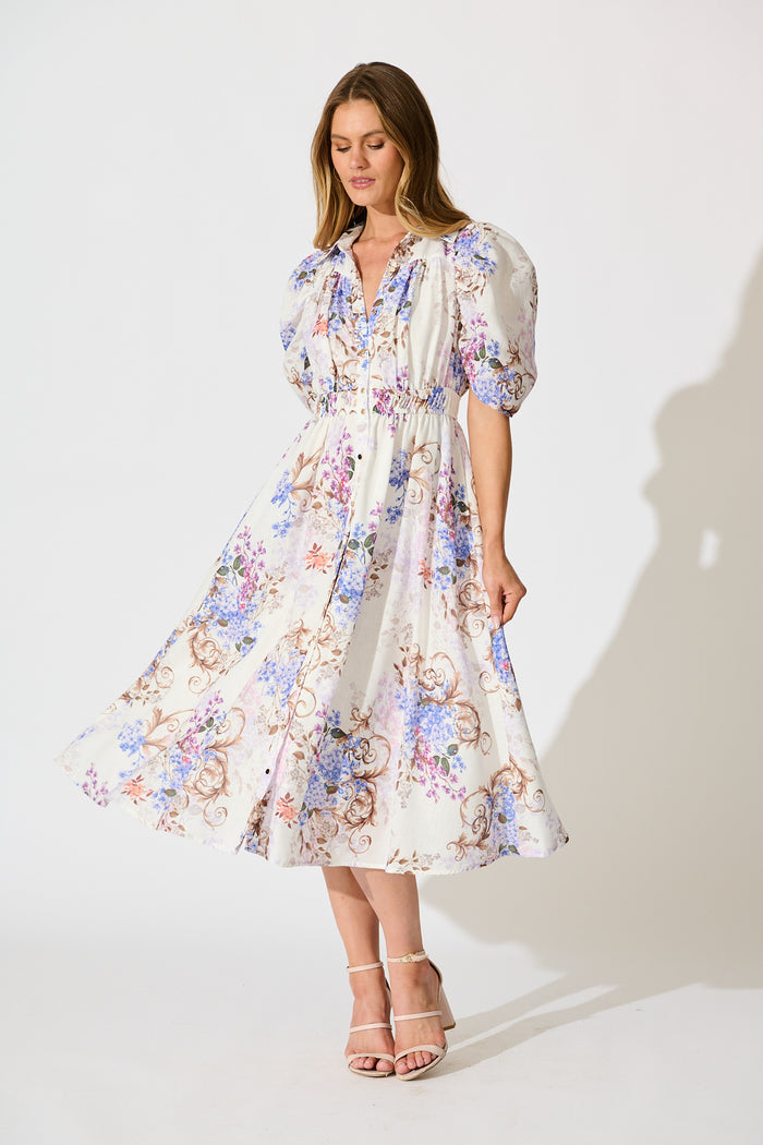 Jessy Midi Shirt Dress in White Floral Linen Blend full length