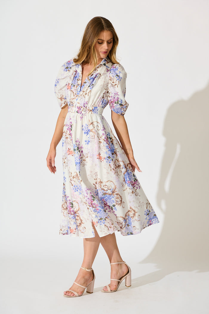 Jessy Midi Shirt Dress in White Floral Linen Blend side