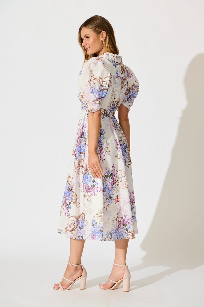 Jessy Midi Shirt Dress in White Floral Linen Blend back