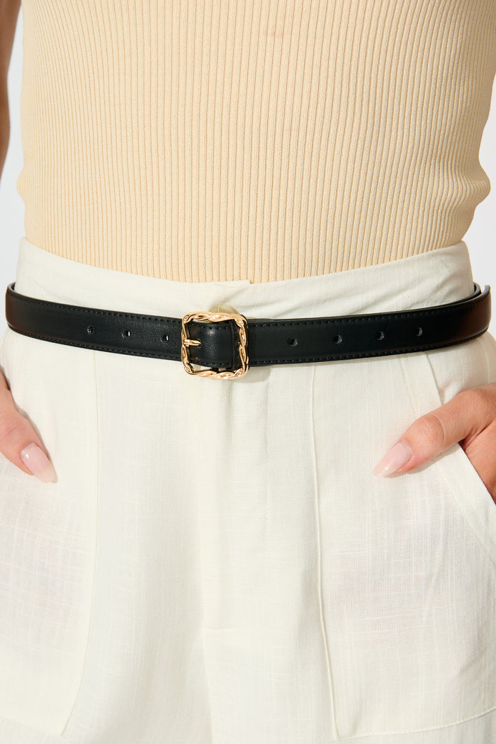 Destiny Belt in Black PU with Gold Buckle on model closeup