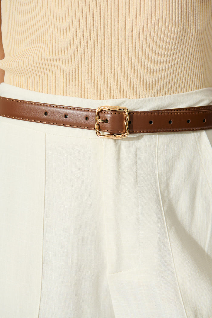 Destiny Belt in Brown PU with Gold Buckle on model closeup