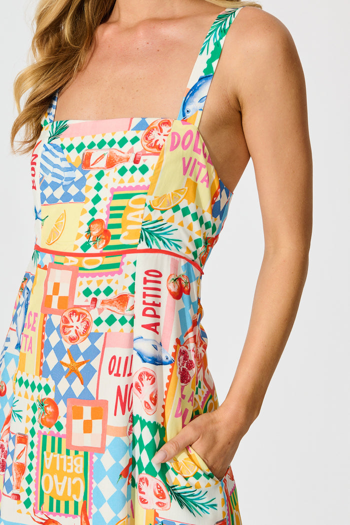 Holiday Crush Maxi Sundress in White Multi Conversational Print detail